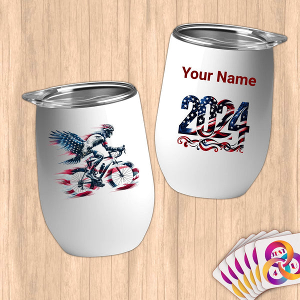 Physical Item 12 oz / White Cyclist Eagle American~Limited Edition 2024 "USA Excellence" ~ Customizable 12oz Wine Tumbler with Lid