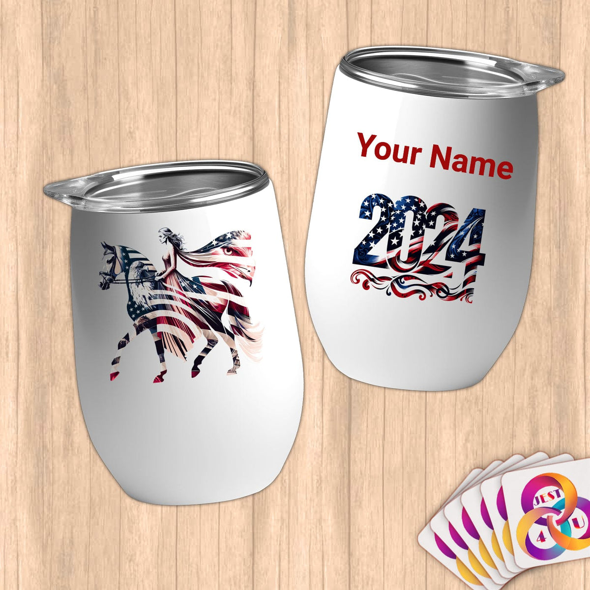 Physical Item 12 oz / White Dancing Equestrian~Limited Edition 2024 "USA Excellence" ~ Customizable 12oz Wine Tumbler with Lid