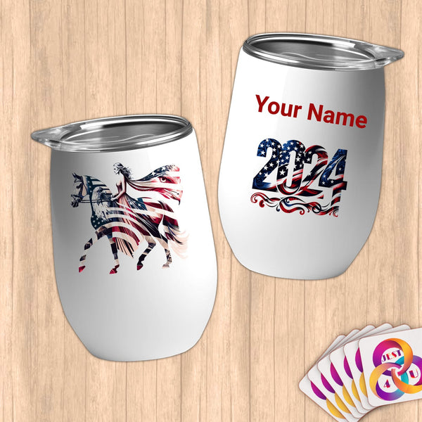 Physical Item 12 oz / White Dancing Equestrian~Limited Edition 2024 "USA Excellence" ~ Customizable 12oz Wine Tumbler with Lid