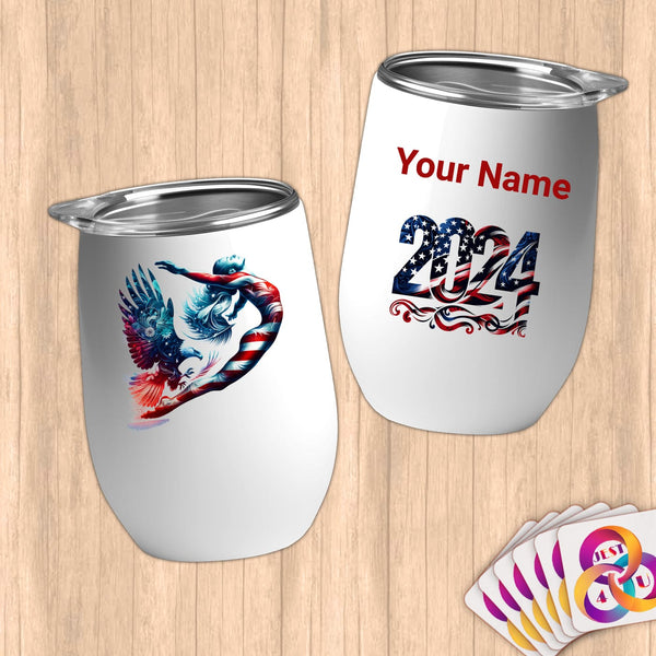 Physical Item 12 oz / White Diving Freedom~Limited Edition 2024 "USA Excellence" ~ Customizable 12oz Wine Tumbler with Lid