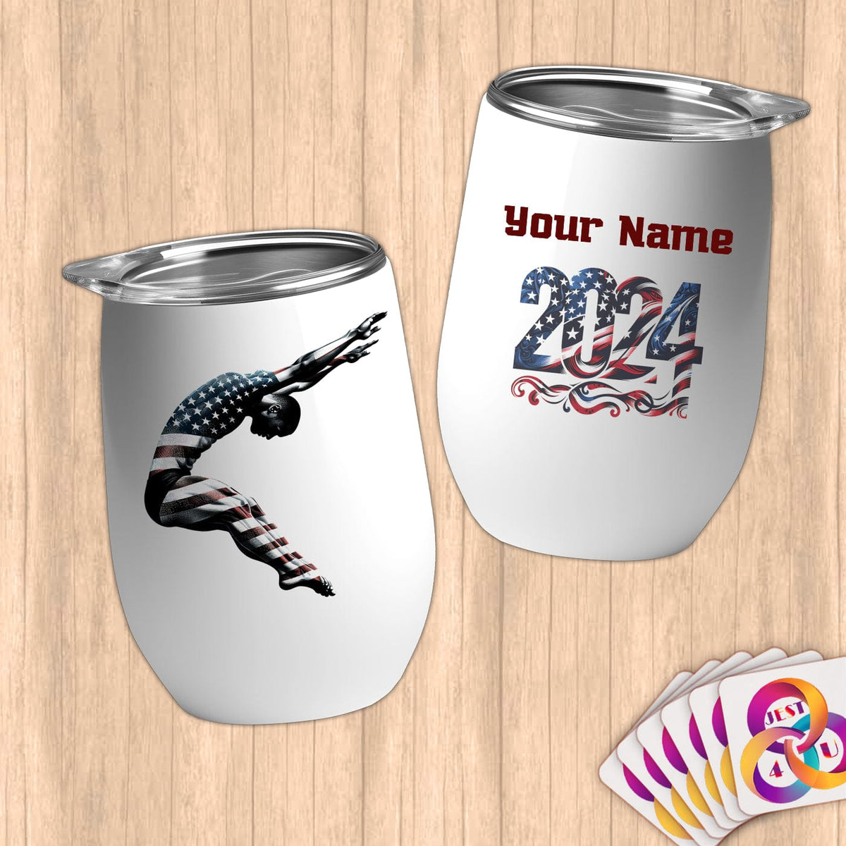 Physical Item 12 oz / White Diving Leap ~ Limited Edition 2024 "USA Excellence" ~ Customizable 12oz Wine Tumbler with Lid