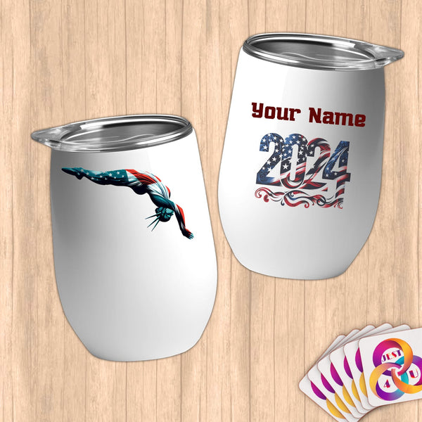 Physical Item 12 oz / White Diving Liberty Freedom ~ Limited Edition 2024 "USA Excellence" ~ Customizable 12oz Wine Tumbler with Lid