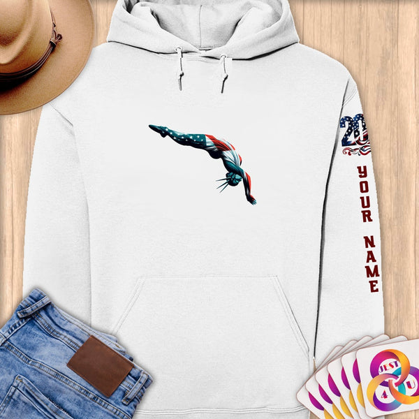 Physical Item S / White Diving Liberty Freedom ~ Limited Edition 2024 "USA Excellence" ~ Personalized Premium Hoodie