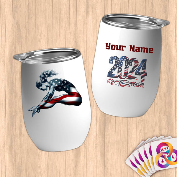 Physical Item 12 oz / White Diving Stars ~ Limited Edition 2024 "USA Excellence" ~ Customizable 12oz Wine Tumbler with Lid