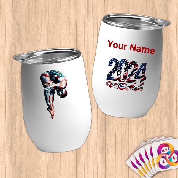 Physical Item 12 oz / White Diving Wings~Limited Edition 2024 "USA Excellence" ~ Customizable 12oz Wine Tumbler with Lid