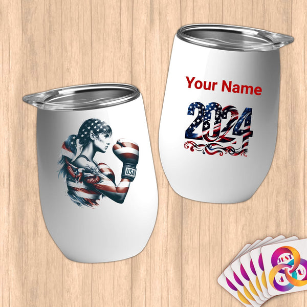 Physical Item 12 oz / White Eagle USA Boxer ~Limited Edition 2024 "USA Excellence" ~ Customizable 12oz Wine Tumbler with Lid