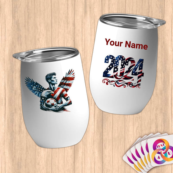 Physical Item 12 oz / White Eagle Wings Soccer Player~Limited Edition 2024 "USA Excellence" ~ Customizable 12oz Wine Tumbler with Lid