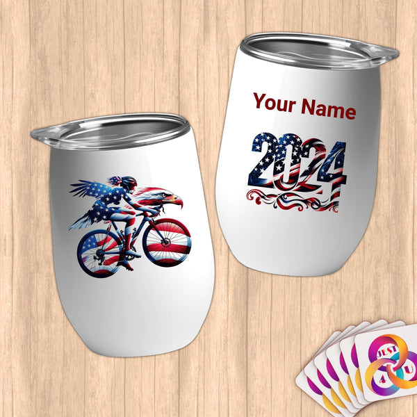 Physical Item 12 oz / White Elegant Eagle Bicycle Rider~Limited Edition 2024 "USA Excellence" ~ Customizable 12oz Wine Tumbler with Lid