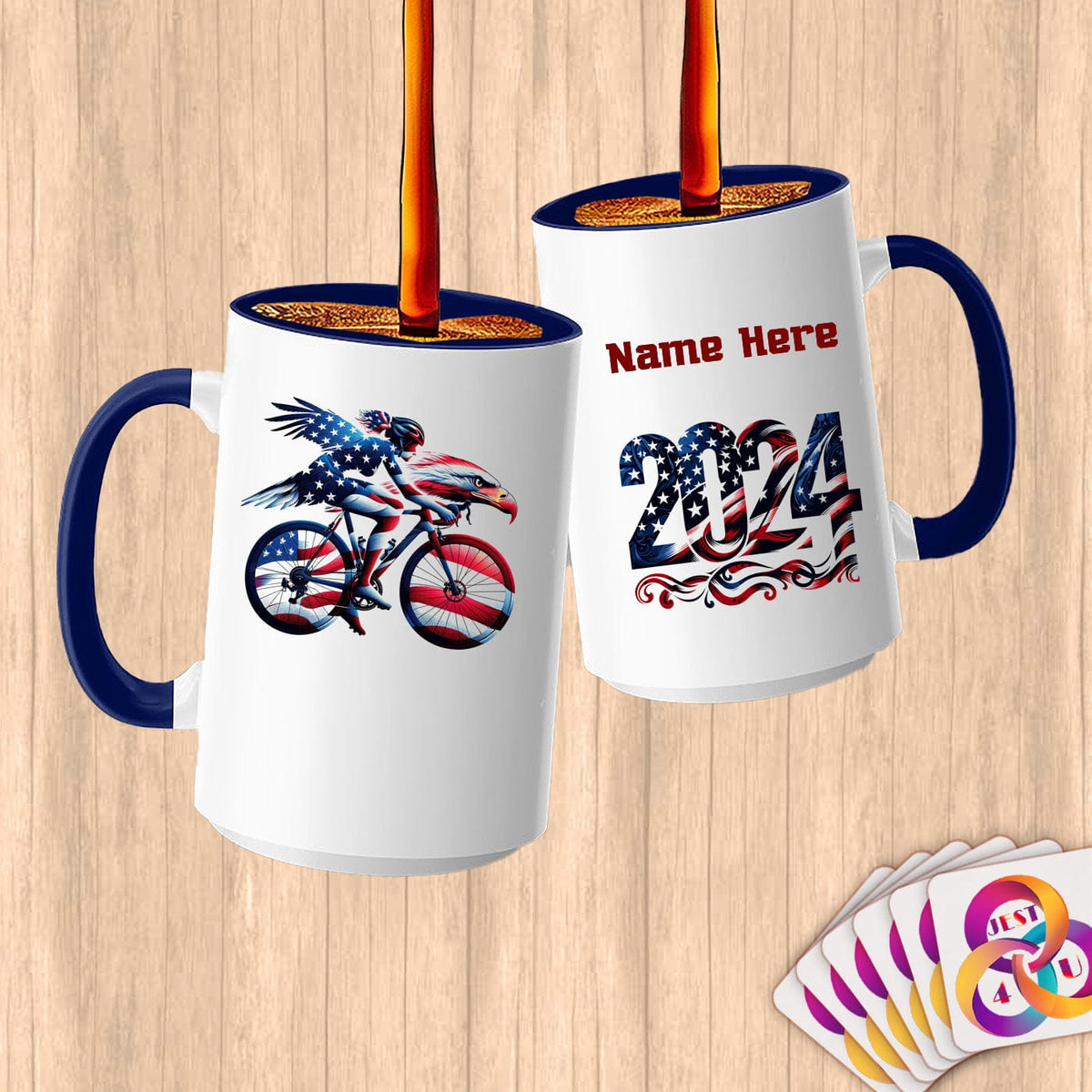 Physical Item 15oz / Blue Elegant Eagle Bicycle Rider~Limited Edition 2024 "USA Excellence" ~ Customized Large 15oz Mug