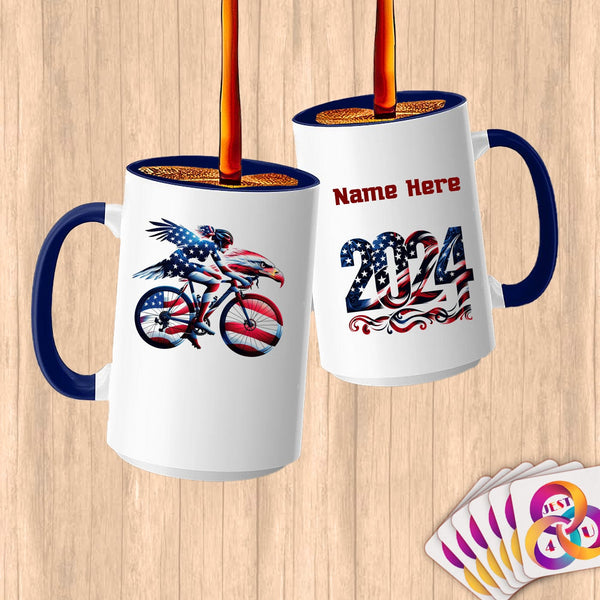 Physical Item 15oz / Blue Elegant Eagle Bicycle Rider~Limited Edition 2024 "USA Excellence" ~ Customized Large 15oz Mug