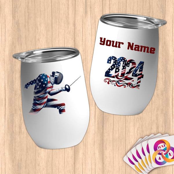 Physical Item 12 oz / White Elite Athlete Fencing ~ Limited Edition 2024 "USA Excellence" ~ Customizable 12oz Wine Tumbler with Lid