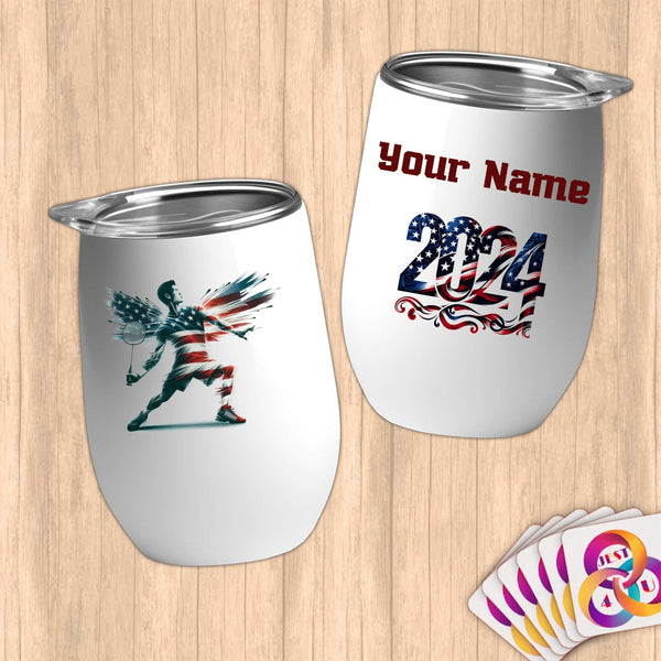 Physical Item 12 oz / White Elite Badminton Wings ~ Limited Edition 2024 "USA Excellence" ~ Customizable 12oz Wine Tumbler with Lid