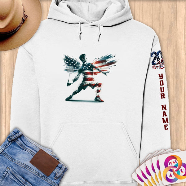 Physical Item S / White Elite Badminton Wings ~ Limited Edition 2024 "USA Excellence" ~ Personalized Premium Hoodie