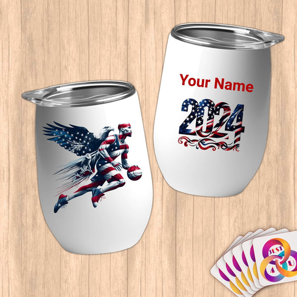 Physical Item 12 oz / White Elite Basketball ~Limited Edition 2024 "USA Excellence" ~ Customizable 12oz Wine Tumbler with Lid