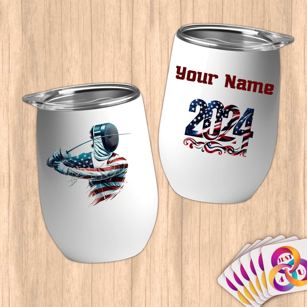 Physical Item 12 oz / White Elite Fencer ~ Limited Edition 2024 "USA Excellence" ~ Customizable 12oz Wine Tumbler with Lid