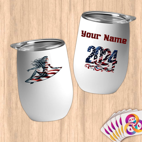 Physical Item 12 oz / White Elite Surfer Dreams ~ Limited Edition 2024 "USA Excellence" ~ Customizable 12oz Wine Tumbler with Lid