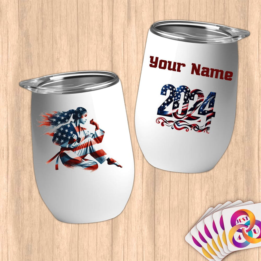 Physical Item 12 oz / White Elite Taekwondo ~ Limited Edition 2024 "USA Excellence" ~ Customizable 12oz Wine Tumbler with Lid