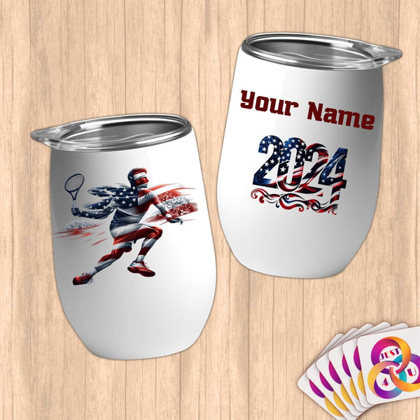 Physical Item 12 oz / White Elite Tennis Power ~ Limited Edition 2024 "USA Excellence" ~ Customizable 12oz Wine Tumbler with Lid
