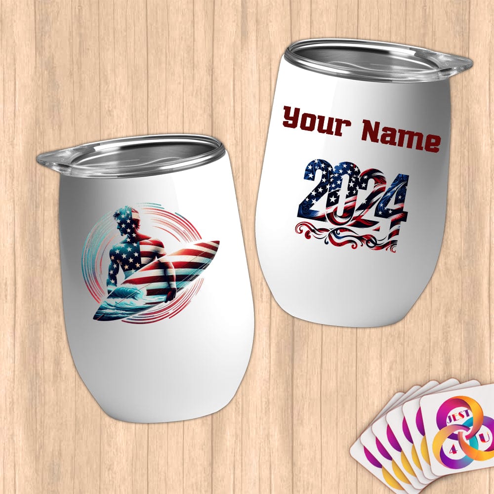 Physical Item 12 oz / White Elite USA Surfer ~ Limited Edition 2024 "USA Excellence" ~ Customizable 12oz Wine Tumbler with Lid