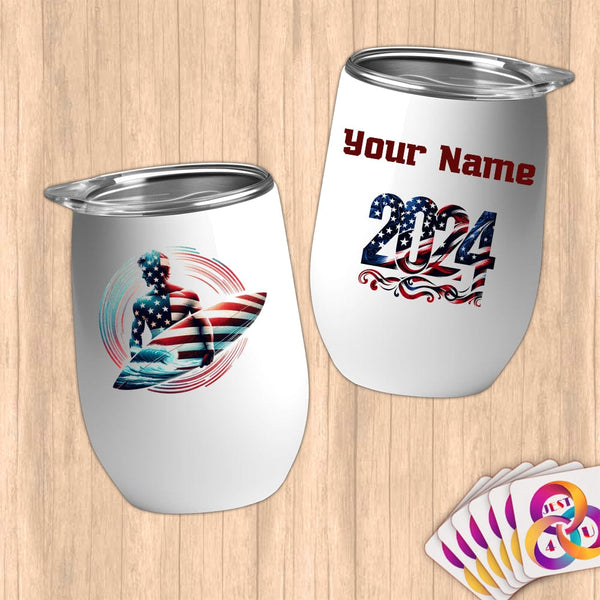 Physical Item 12 oz / White Elite USA Surfer ~ Limited Edition 2024 "USA Excellence" ~ Customizable 12oz Wine Tumbler with Lid