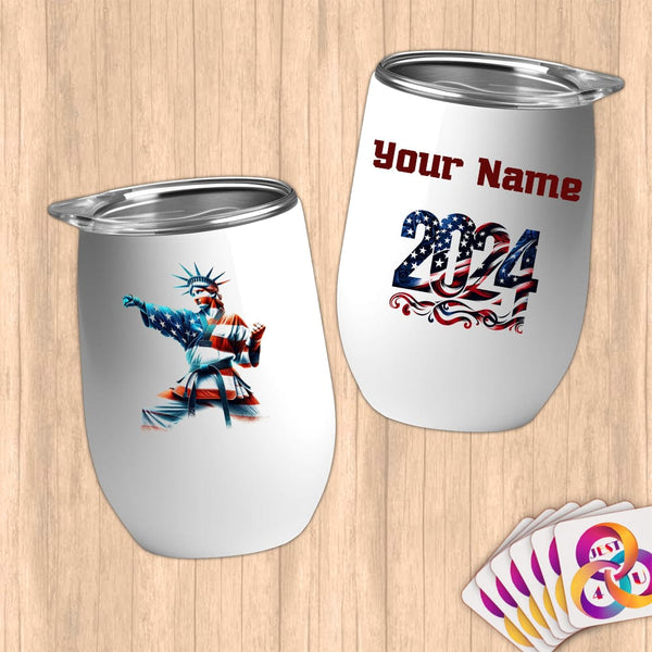 Physical Item 12 oz / White Empowered Taekwondo Liberty ~ Limited Edition 2024 "USA Excellence" ~ Customizable 12oz Wine Tumbler with Lid