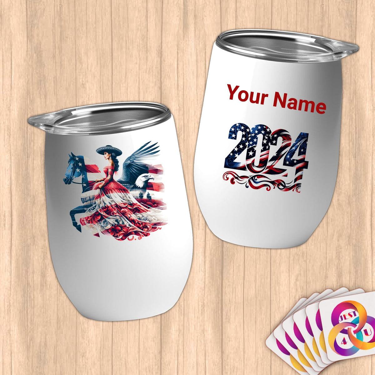 Physical Item 12 oz / White Equestrian Breeze~Limited Edition 2024 "USA Excellence" ~ Customizable 12oz Wine Tumbler with Lid