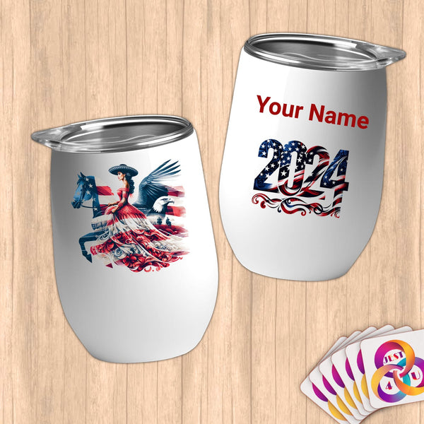 Physical Item 12 oz / White Equestrian Breeze~Limited Edition 2024 "USA Excellence" ~ Customizable 12oz Wine Tumbler with Lid