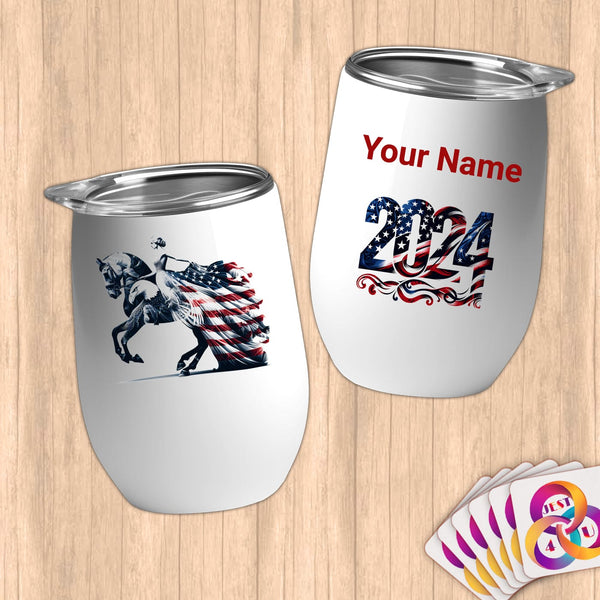 Physical Item 12 oz / White Equestrian Flows~Limited Edition 2024 "USA Excellence" ~ Customizable 12oz Wine Tumbler with Lid