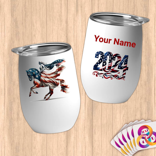 Physical Item 12 oz / White Equestrian Gallops~Limited Edition 2024 "USA Excellence" ~ Customizable 12oz Wine Tumbler with Lid