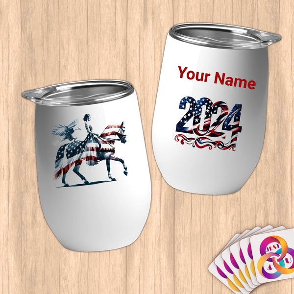 Physical Item 12 oz / White Equestrian Grace~Limited Edition 2024 "USA Excellence" ~ Customizable 12oz Wine Tumbler with Lid