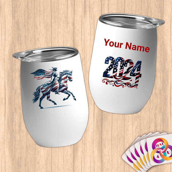 Physical Item 12 oz / White Equestrian Liberty~Limited Edition 2024 "USA Excellence" ~ Customizable 12oz Wine Tumbler with Lid