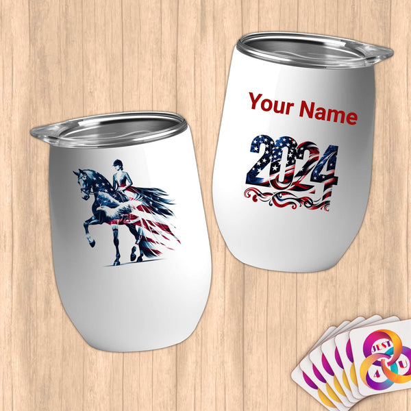 Physical Item 12 oz / White Equestrian Whisper~Limited Edition 2024 "USA Excellence" ~ Customizable 12oz Wine Tumbler with Lid