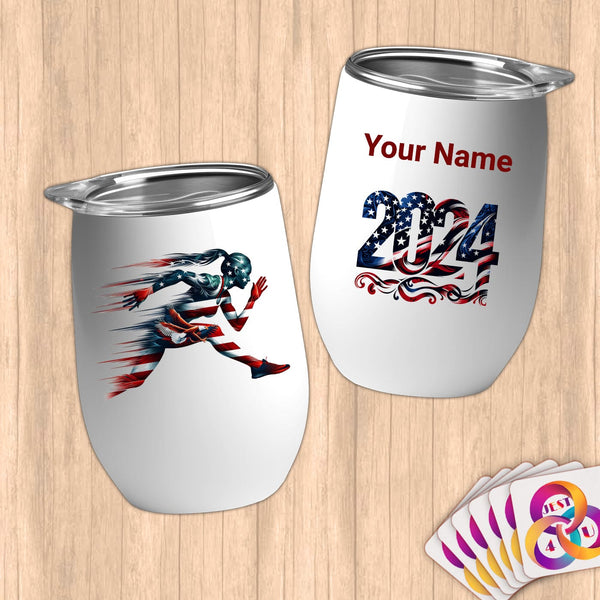 Physical Item 12 oz / White Fast Runner American~Limited Edition 2024 "USA Excellence" ~ Customizable 12oz Wine Tumbler with Lid