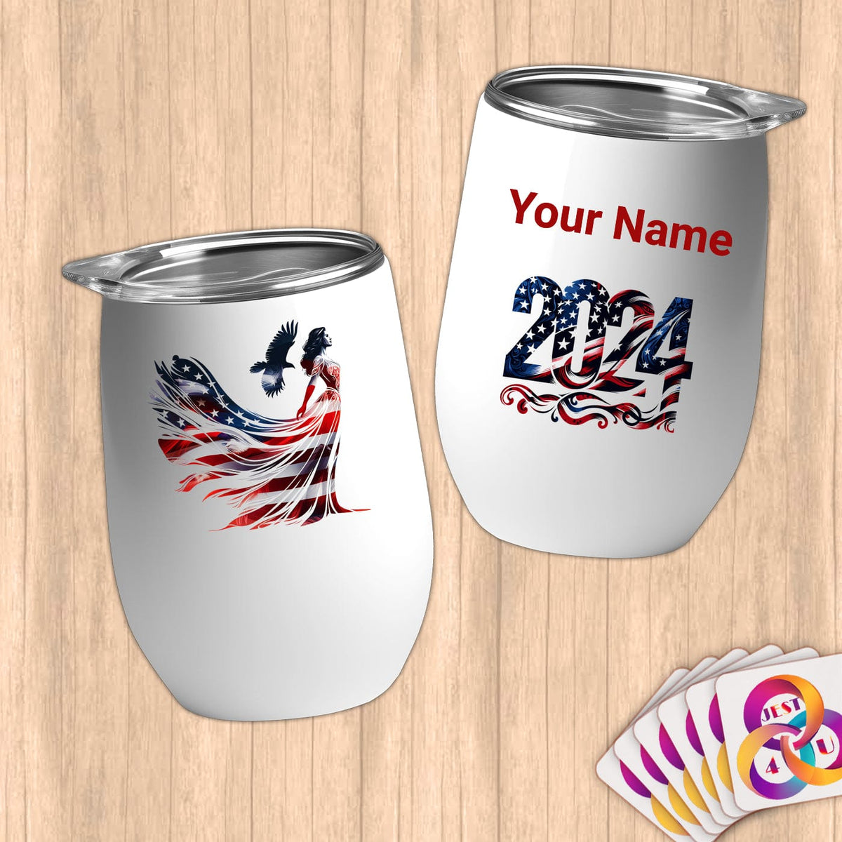 Physical Item 12 oz / White Female Patriot~Limited Edition 2024 "USA Excellence" ~ Customizable 12oz Wine Tumbler with Lid