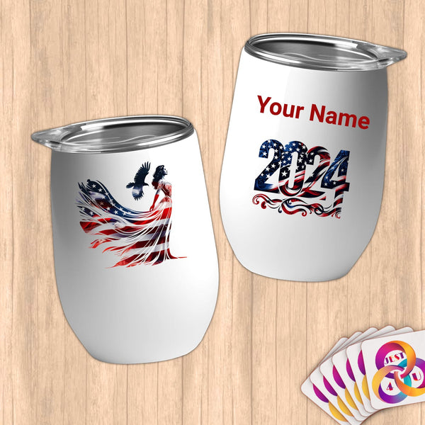 Physical Item 12 oz / White Female Patriot~Limited Edition 2024 "USA Excellence" ~ Customizable 12oz Wine Tumbler with Lid