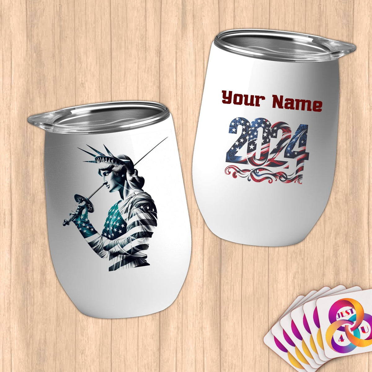 Physical Item 12 oz / White Fencing Liberty ~ Limited Edition 2024 "USA Excellence" ~ Customizable 12oz Wine Tumbler with Lid