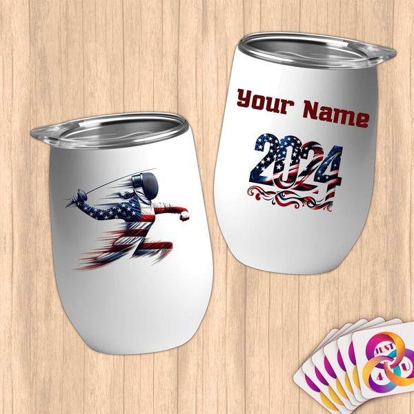 Physical Item 12 oz / White Fencing Pride ~ Limited Edition 2024 "USA Excellence" ~ Customizable 12oz Wine Tumbler with Lid