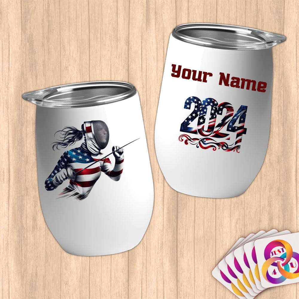 Physical Item 12 oz / White Fencing Pride ~ Limited Edition 2024 "USA Excellence" ~ Customizable 12oz Wine Tumbler with Lid