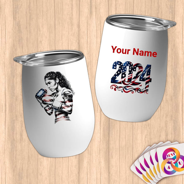 Physical Item 12 oz / White Fierce Boxer ~Limited Edition 2024 "USA Excellence" ~ Customizable 12oz Wine Tumbler with Lid