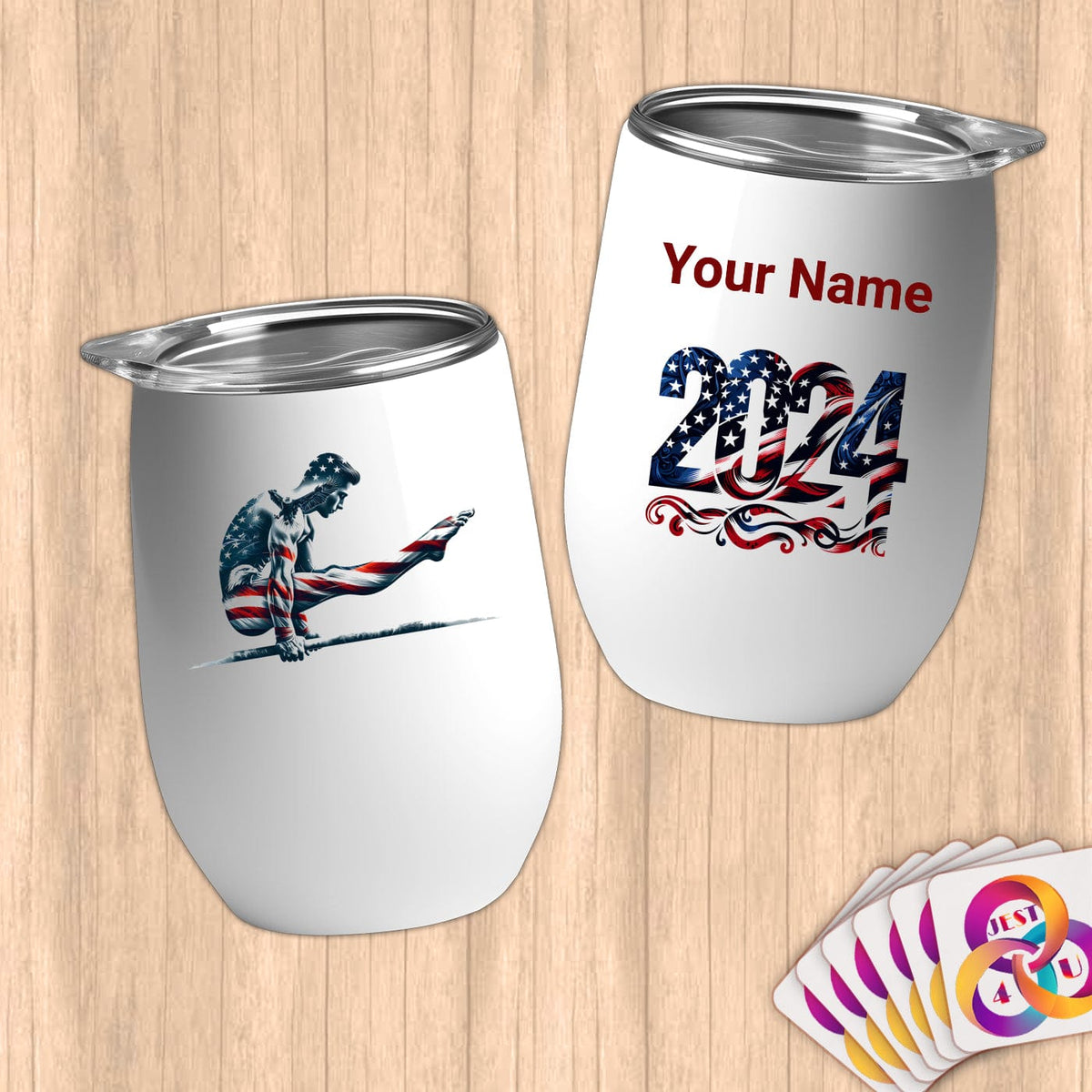 Physical Item 12 oz / White Flexing Patriotic Gymnast~Limited Edition 2024 "USA Excellence" ~ Customizable 12oz Wine Tumbler with Lid