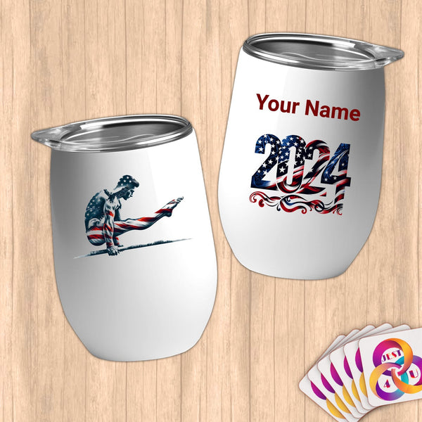 Physical Item 12 oz / White Flexing Patriotic Gymnast~Limited Edition 2024 "USA Excellence" ~ Customizable 12oz Wine Tumbler with Lid