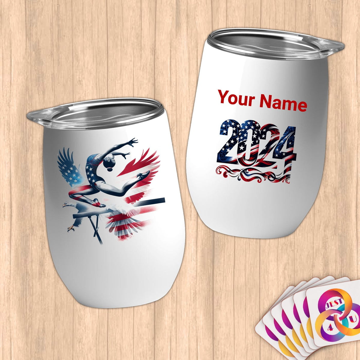 Physical Item 12 oz / White Flying Gymnast Soars ~Limited Edition 2024 "USA Excellence" ~ Customizable 12oz Wine Tumbler with Lid