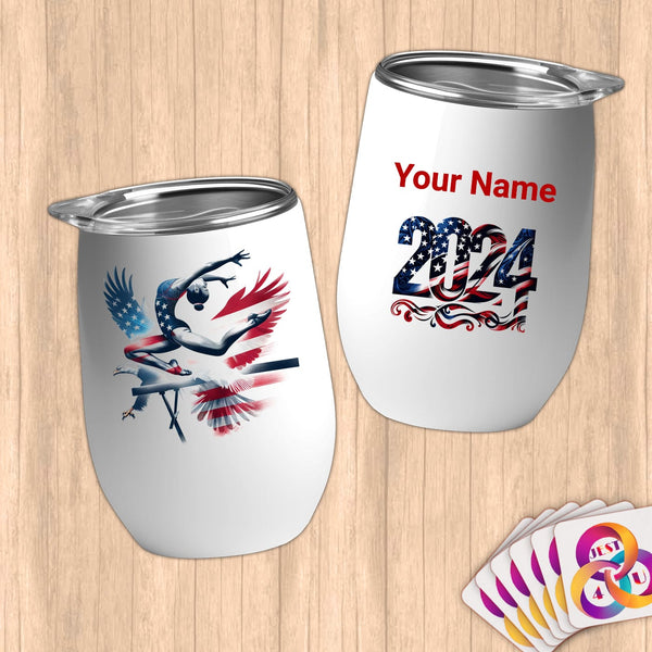 Physical Item 12 oz / White Flying Gymnast Soars ~Limited Edition 2024 "USA Excellence" ~ Customizable 12oz Wine Tumbler with Lid