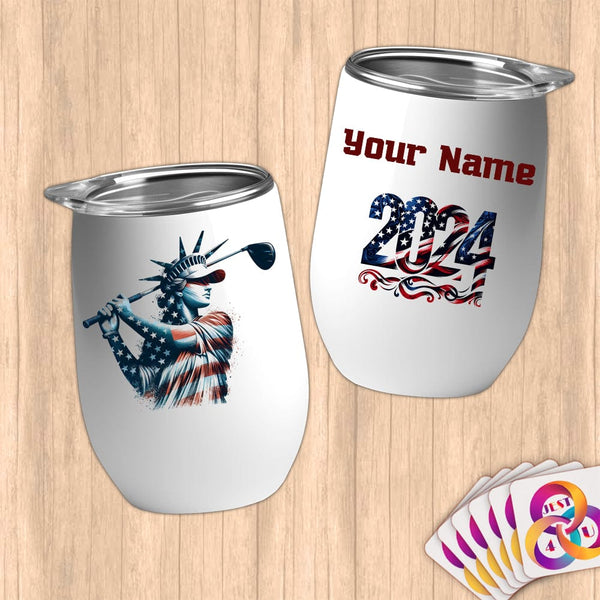 Physical Item 12 oz / White Gofling Lady Liberty ~ Limited Edition 2024 "USA Excellence" ~ Customizable 12oz Wine Tumbler with Lid