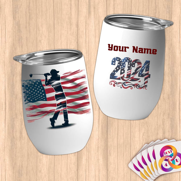 Physical Item 12 oz / White Golf Flag ~ Limited Edition 2024 "USA Excellence" ~ Customizable 12oz Wine Tumbler with Lid