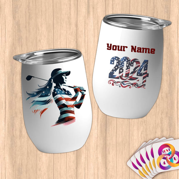 Physical Item 12 oz / White Golf Freedom ~ Limited Edition 2024 "USA Excellence" ~ Customizable 12oz Wine Tumbler with Lid
