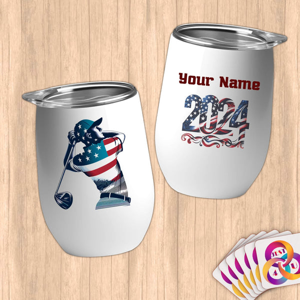 Physical Item 12 oz / White Golf Hero ~ Limited Edition 2024 "USA Excellence" ~ Customizable 12oz Wine Tumbler with Lid