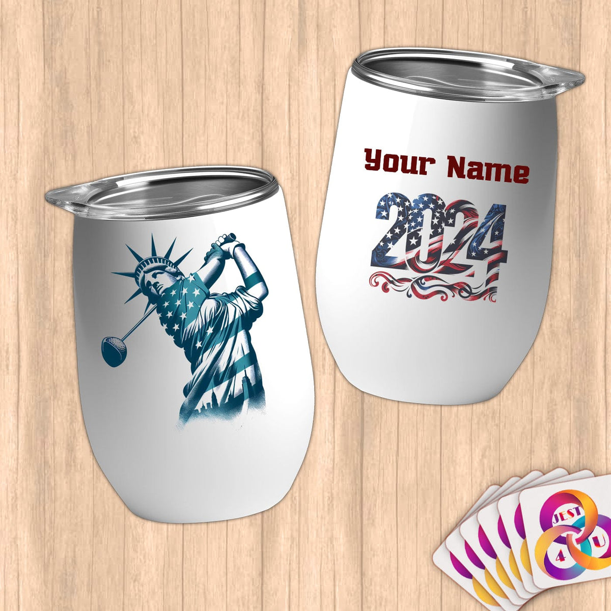 Physical Item 12 oz / White Golf Liberty Swing ~ Limited Edition 2024 "USA Excellence" ~ Customizable 12oz Wine Tumbler with Lid