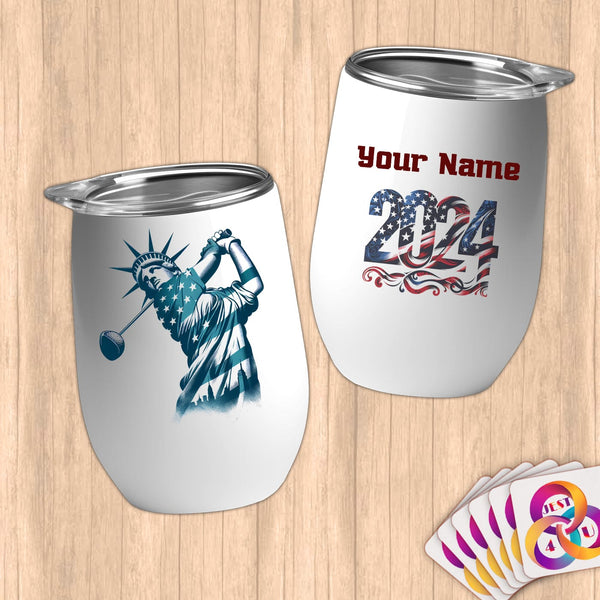 Physical Item 12 oz / White Golf Liberty Swing ~ Limited Edition 2024 "USA Excellence" ~ Customizable 12oz Wine Tumbler with Lid