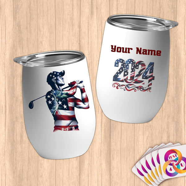 Physical Item 12 oz / White Golf Stars ~ Limited Edition 2024 "USA Excellence" ~ Customizable 12oz Wine Tumbler with Lid